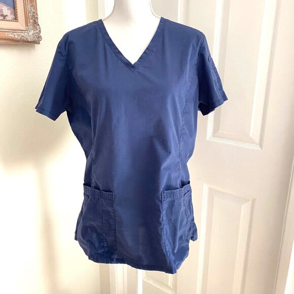 Landau Women's Blue Stretch V-Neck Scrub Top With Pockets Size Medium - Picture 1 of 9